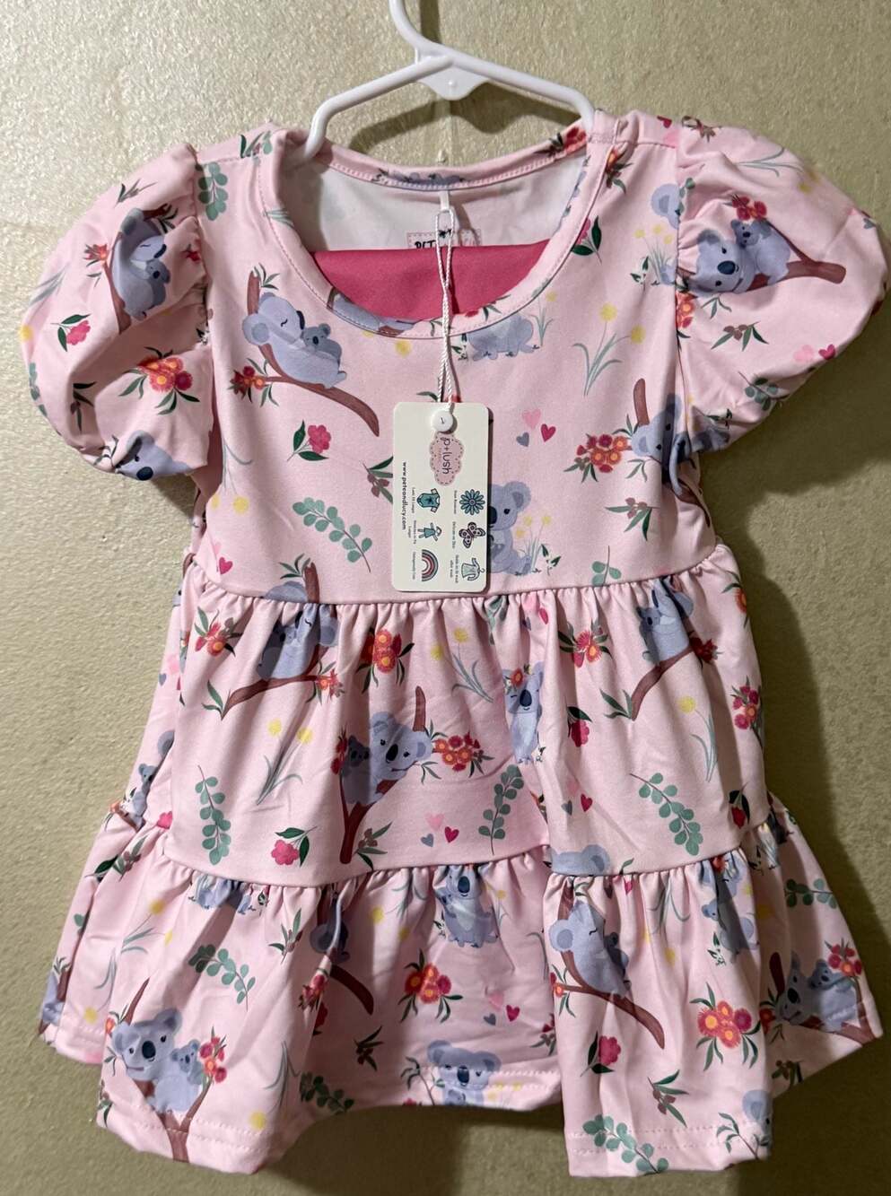 Pete + Lucy Koala& Floral Print PinkPuff Sleeve Tiered Dress w/ Leggings